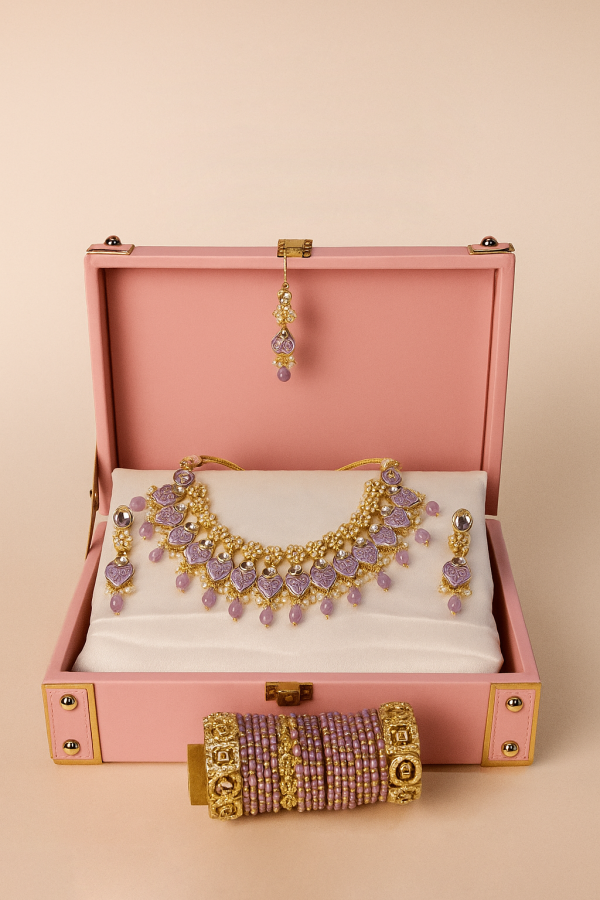 Levender Zircon Kundan Necklace Set with Hanging Earring, Mangtika, Matching 12 Zircon Studded & Crystal Beaded Glass Bangles  Set of 4 Zircon Kada - Celebrity Collections Gift Hampers