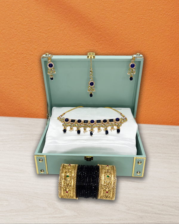 Blue Round Square Monalisa Stone Set with Hanging Earrings, Maangtika, Matching 12 Zircon-Studded & Crystal Beaded Glass Bangles, and Set of 2 Gold-Plated Brass Openable Kada – Celebrity Jewellery Gift Hamper