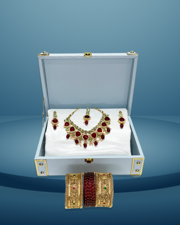 Mehroon Monalisa Stone Set with Hanging Earrings, Maangtika, Matching 12 Zircon-Studded & Crystal Beaded Glass Bangles, and Set of 2 Gold-Plated Brass Openable Kada – Celebrity Jewellery Gift Hamper