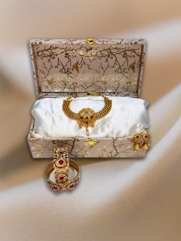 Golden Brass Chokar Set with Small Jhumki and Brass Bracelet Kada Code A - Premium Luxury Gift Hamper