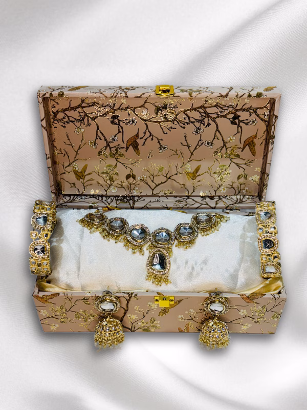 Golden Kundan Choker Beads Set with Jhumka and Kundan Kada – Premium Luxury Gift Hamper