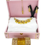 Yellow Monalisa Stone Set with Hanging Earring and Mangtika and Matching 12 Zircon Studded and Crystal Beaded Glass Bangles Set of 2 Gold-plated Brass Openable Kada - Celebrity Jewellery Gift Hamper