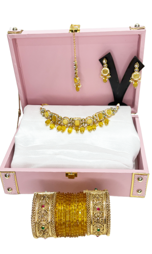 Yellow Monalisa Stone Set with Hanging Earring and Mangtika and Matching 12 Zircon Studded and Crystal Beaded Glass Bangles Set of 2 Gold-plated Brass Openable Kada - Celebrity Jewellery Gift Hamper