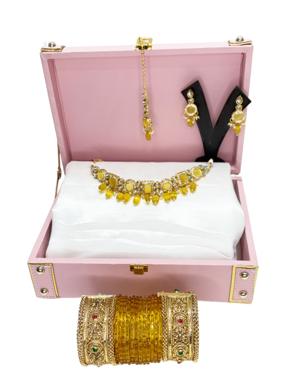 Yellow Monalisa Stone Set with Hanging Earring and Mangtika and Matching 12 Zircon Studded and Crystal Beaded Glass Bangles Set of 2 Gold-plated Brass Openable Kada - Celebrity Jewellery Gift Hamper