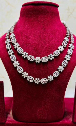 Elegant 2-Layer Silver American Diamond Necklace Set with Hanging Earrings