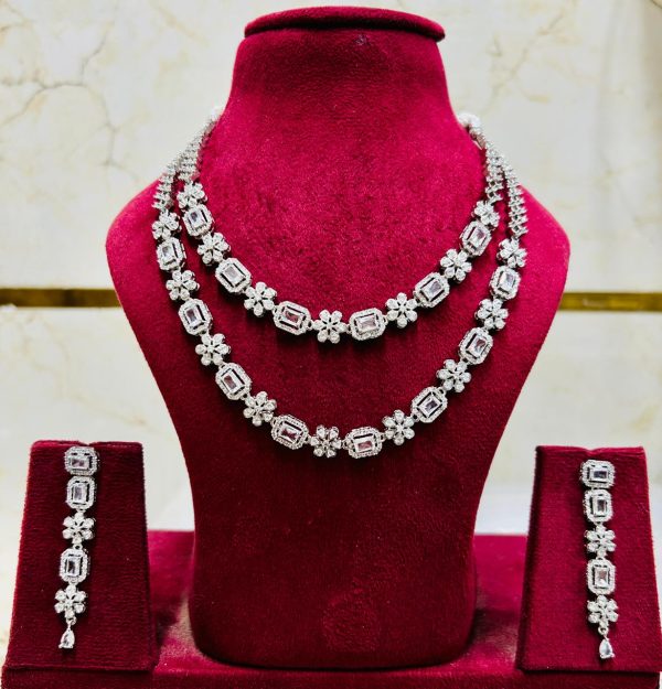 Elegant 2-Layer Silver American Diamond Necklace Set with Hanging Earrings
