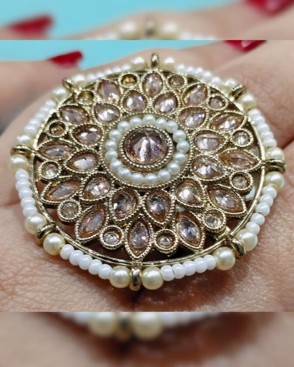 White Bead Antique Gold Adjustable Ring