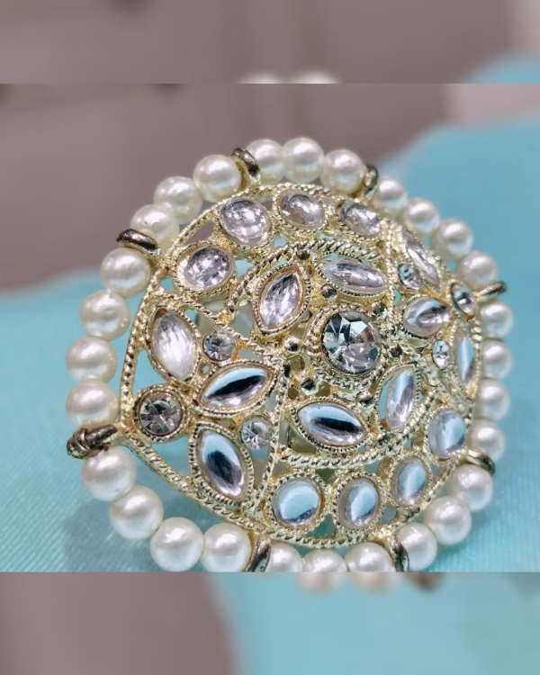 White Beads Kundan Adjustable Ring