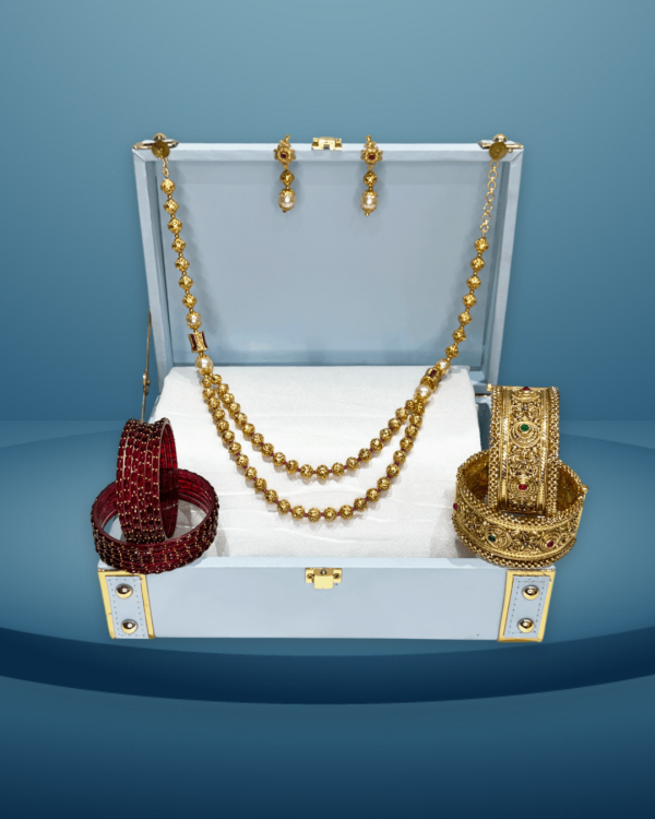 Brass Gold-Plated 2-Layer Mala Necklace with Earrings, Random 12 Zircon-Studded & Crystal Beaded Glass Bangles, and Set of 2 Gold-Plated Brass Openable Kada – Celebrity Jewellery Gift Hamper