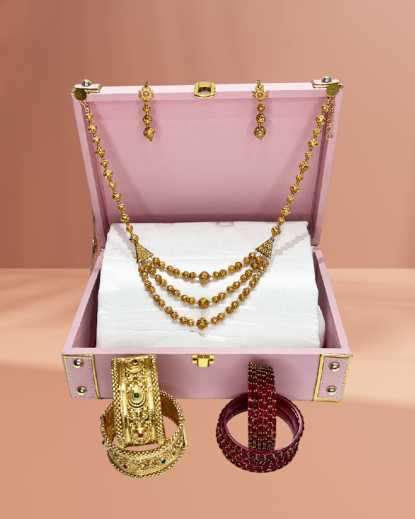 Brass Gold-Plated 3-Layer Mala Necklace with Earrings, Random 12 Zircon-Studded & Crystal Beaded Glass Bangles, and Set of 2 Gold-Plated Brass Openable Kada – Celebrity Jewellery Gift Hamper