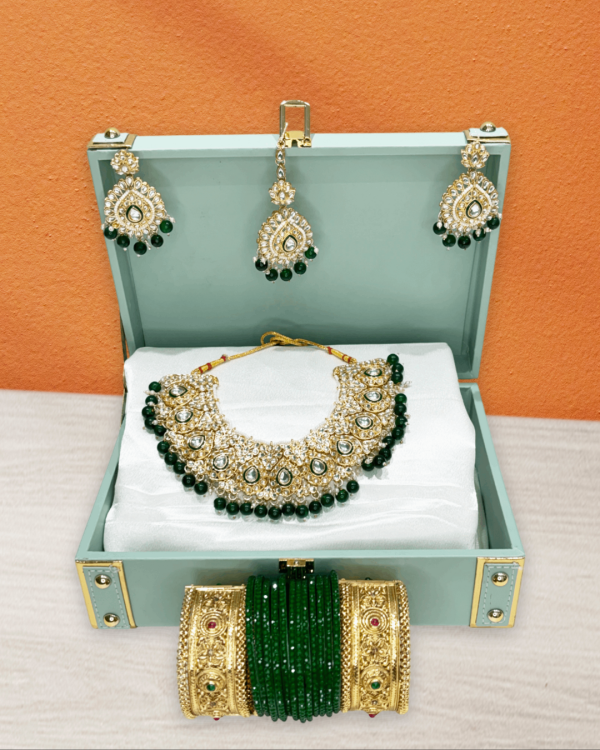 Green Kundan Necklace Set with Hanging Earrings, Maangtika, Matching 12 Zircon-Studded & Crystal Beaded Glass Bangles, and Set of 2 Gold-Plated Brass Openable Kada – Celebrity Jewellery Gift Hamper