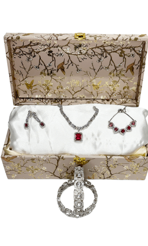 Ruby Red American Diamond Premium Pendent Set with Adjustable Bracelet and Pair of Silver Kada - Premium Luxury Gift Hamper