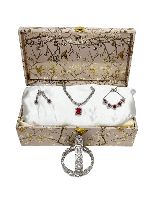 Ruby Red American Diamond Premium Pendent Set with Adjustable Bracelet and Pair of Silver Kada - Premium Luxury Gift Hamper